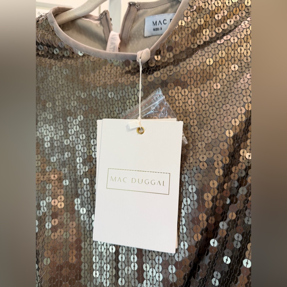 Mac Duggal Sash Belt Long Sleeves Mini Dress 10789 size 2 Taupe Sequins Cocktail - Picture 7 of 7